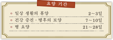 요양 기간　일상 생활의 휴양 2〜3일　건강 증진·병후의 보양 7〜10일　병 요양 21〜28일